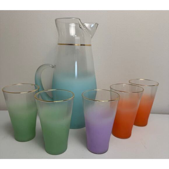 VTG Blendo Mid-Century Frosted Gold Trim 5 Glass and Pitcher Set West Virginia - Picture 2 of 16